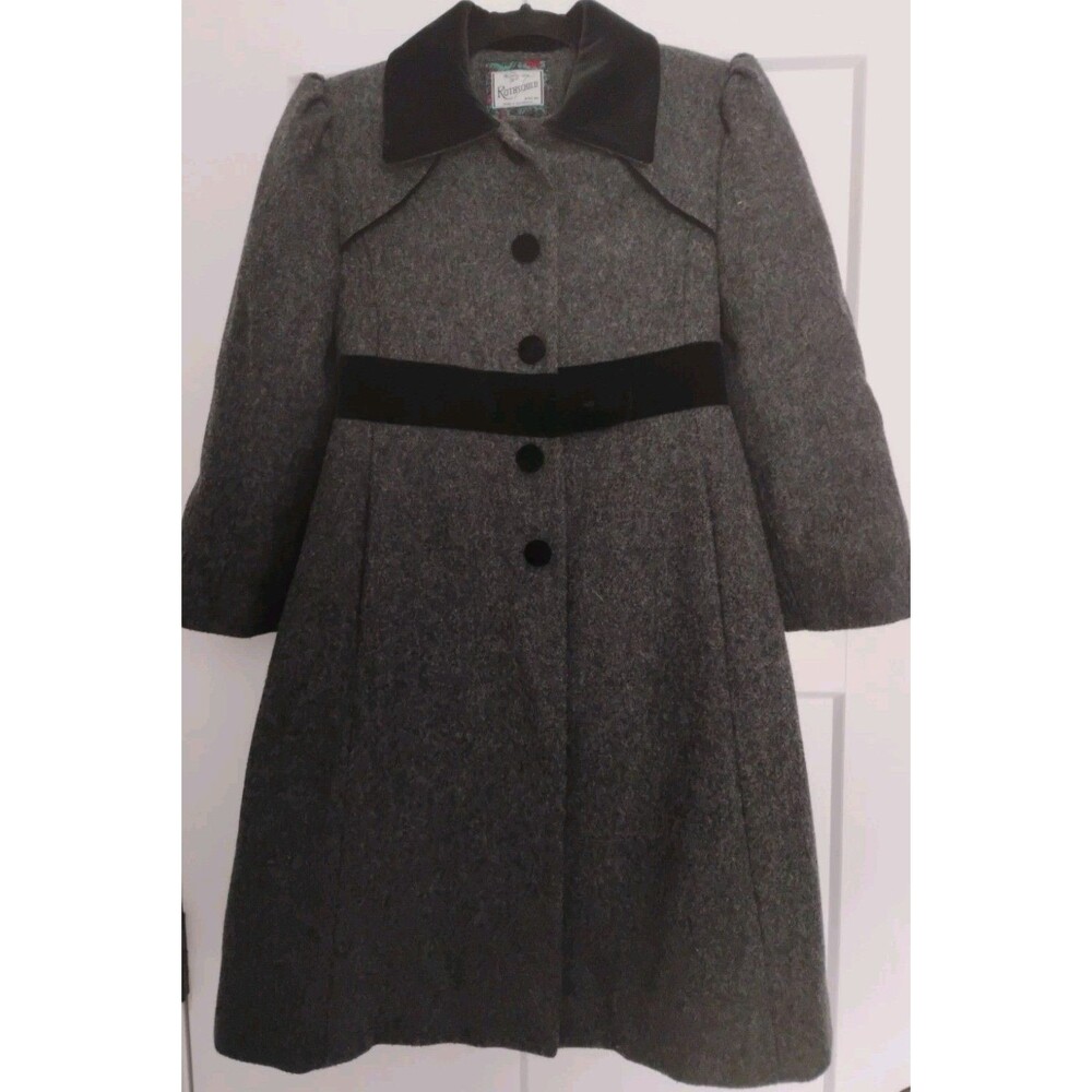 Rothschild Girls 100% Wool Princess Coat Lined Gray Black Velvet Collar & Trim 8